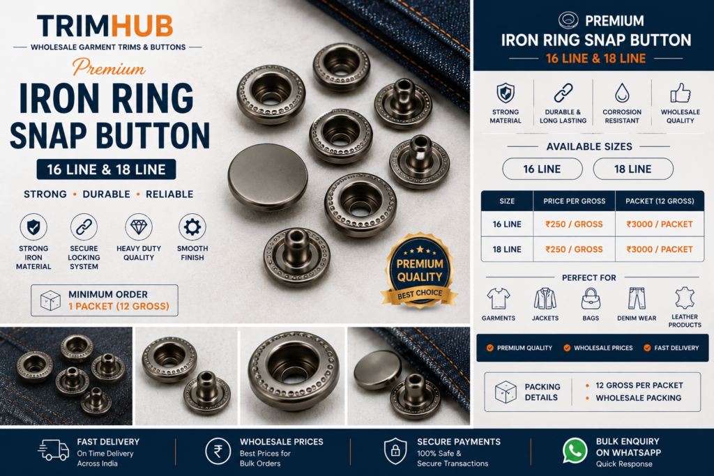Premium Iron Ring Snap Button 16 Line & 18 Line | Heavy Duty Garment Snap Button | TrimHub India