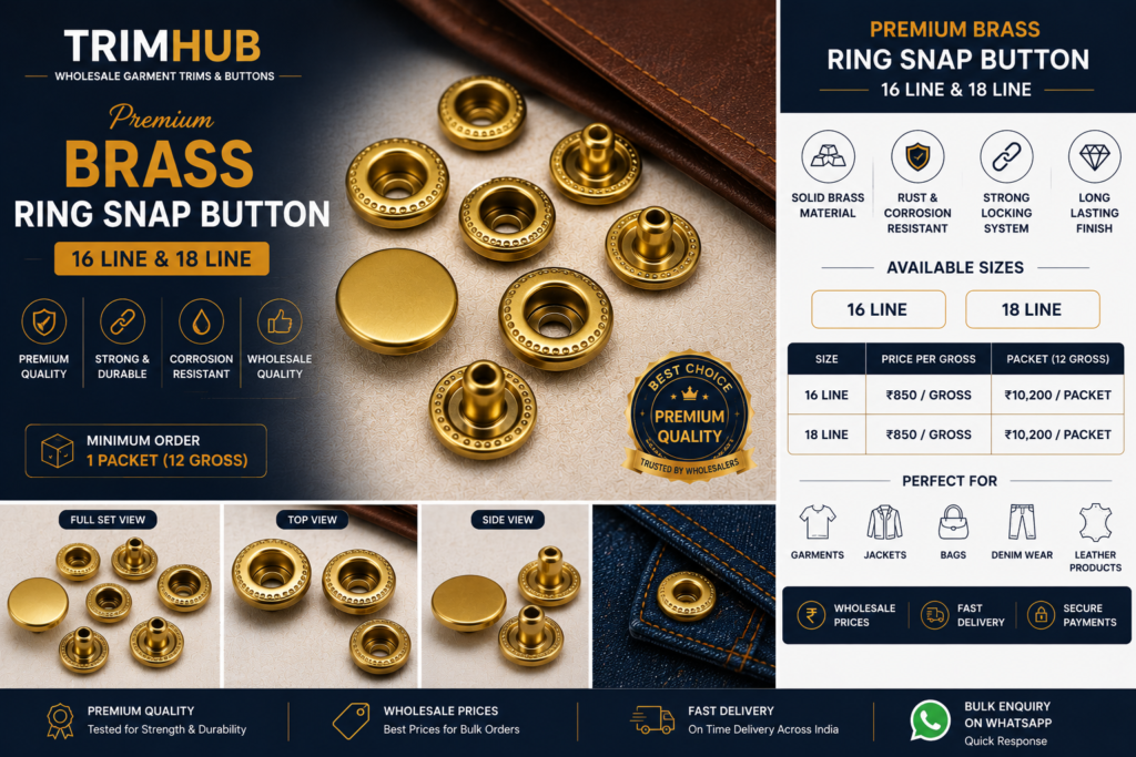 Brass Ring Snap Button, Brass Snap Fastener, Garment Snap Button, 16 Line Snap Button, 18 Line Snap Button, Jacket Snap Button, Bag Snap Button, Wholesale Snap Button, TrimHub