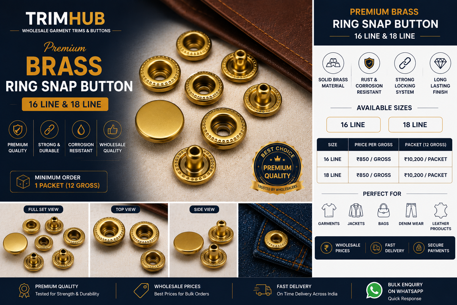Brass Ring Snap Button, Brass Snap Fastener, Garment Snap Button, 16 Line Snap Button, 18 Line Snap Button, Jacket Snap Button, Bag Snap Button, Wholesale Snap Button, TrimHub
