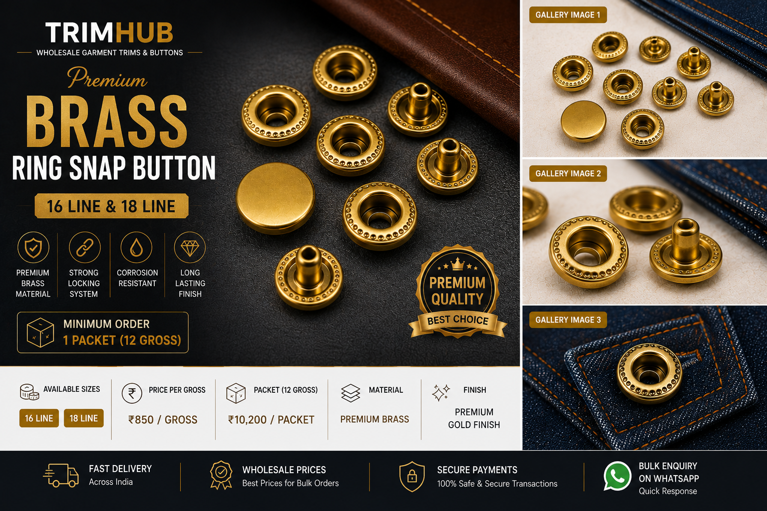 Premium Brass Ring Snap Button 16 Line & 18 Line | Wholesale Brass Snap Fastener | TrimHub India