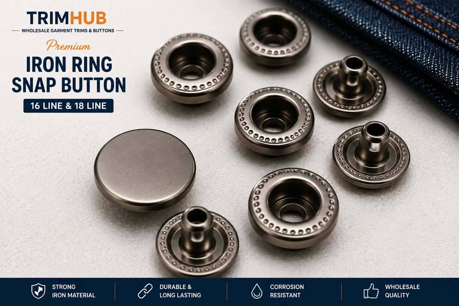 Premium Iron Ring Snap Button 16 Line & 18 Line | Heavy Duty Garment Snap Button | TrimHub India