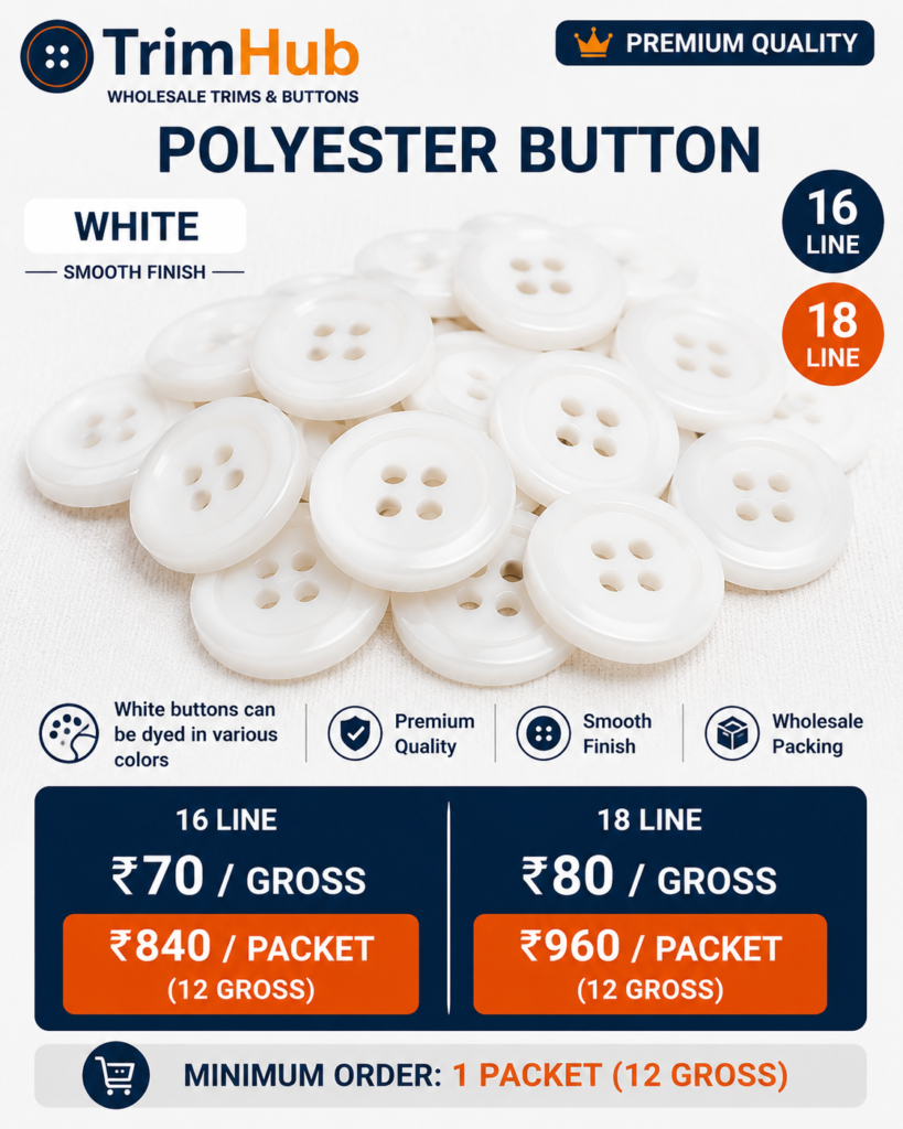 White Polyester Shirt Button 16 Line & 18 Line | Premium Garment Button | Wholesale TrimHub India