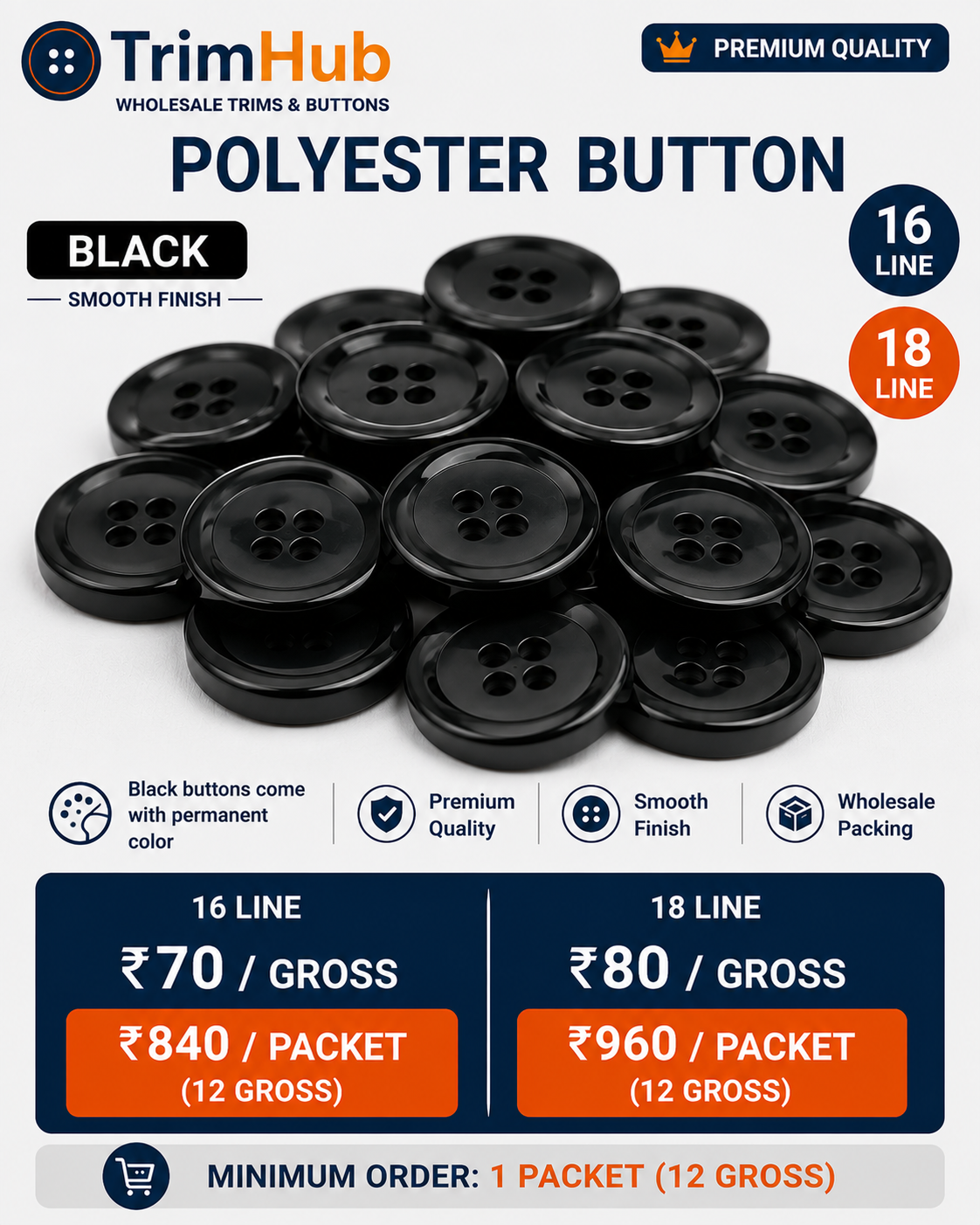 Black Polyester Shirt Button 16 Line & 18 Line | Premium Garment Button | Wholesale TrimHub India