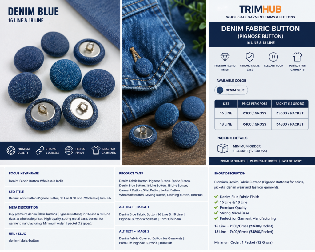 Denim Blue Fabric Button 16 Line & 18 Line | Premium Pignose Button | Wholesale TrimHub India