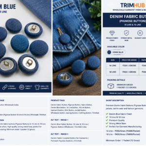 Denim Blue Fabric Button 16 Line & 18 Line | Premium Pignose Button | Wholesale TrimHub India