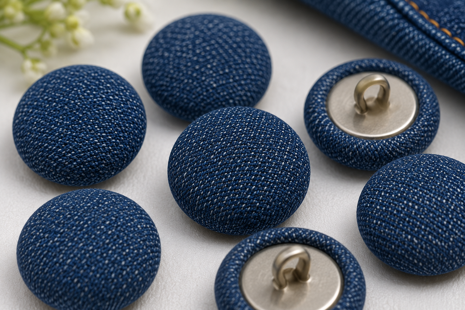 Close-up of Premium Denim Fabric Covered Buttons (Pignose Buttons) | TrimHub India