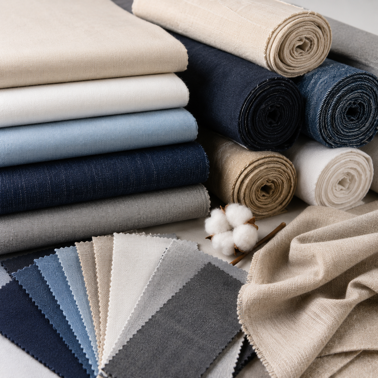 Premium wholesale fabrics including cotton, denim, polyester and blended fabrics by TrimHub India