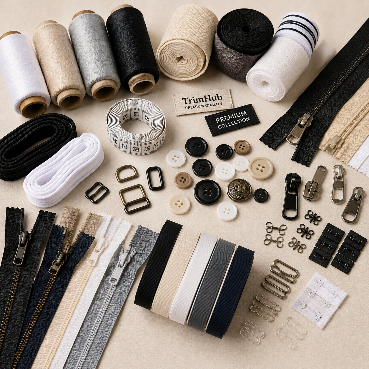 Premium wholesale garment accessories including zippers, threads, elastic, tapes, hooks, buckles and buttons by TrimHub India