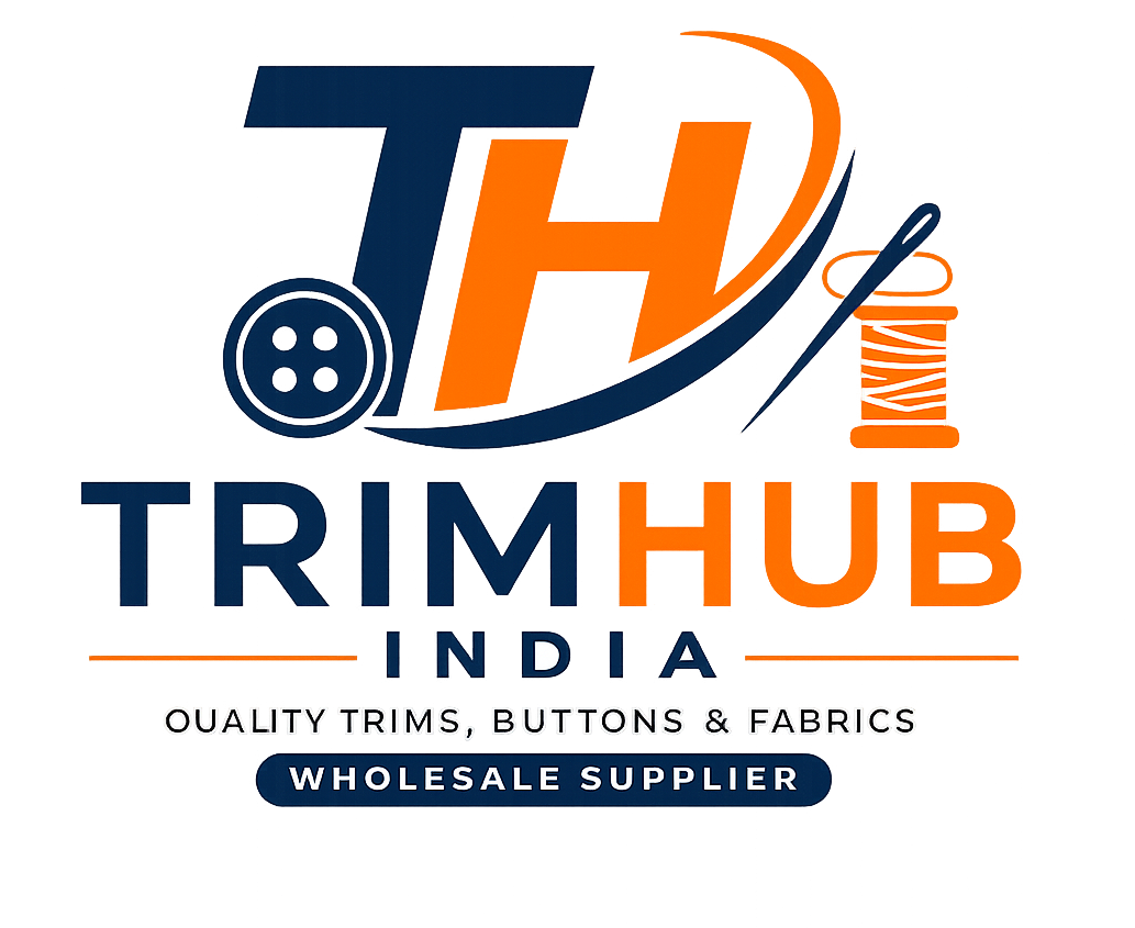 Official TrimHub India logo featuring TH monogram, button, needle and thread spool for wholesale garment trims, buttons and fabric accessories.
